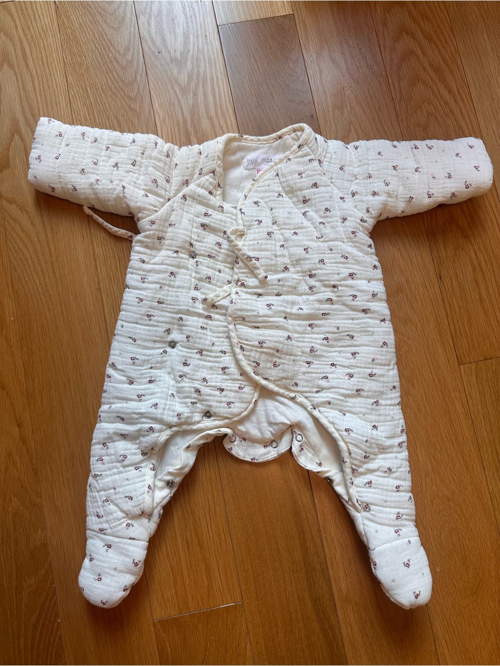 Zara Cream Quilted Footed Baby One-Piece with Tiny Floral Print